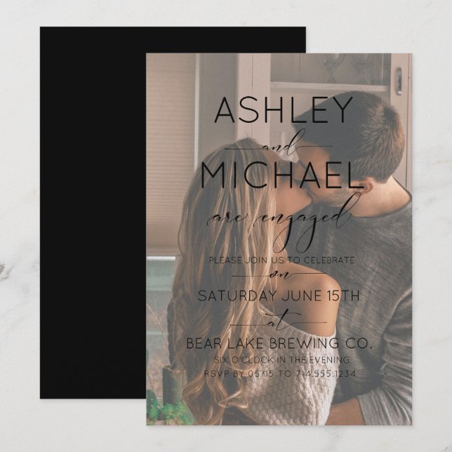 Vellum Overlay Black Photo Calligraphy Engagement Invitation (Front/Back)