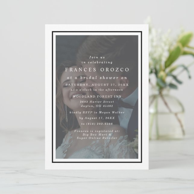 Vellum White And Black Frame Photo Bridal Shower Invitation (Standing Front)