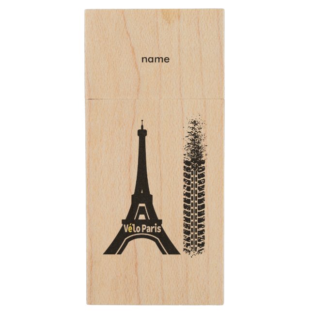 Velo Paris Bike Eiffel Tower Wood USB Flash Drive (Front Vertical)