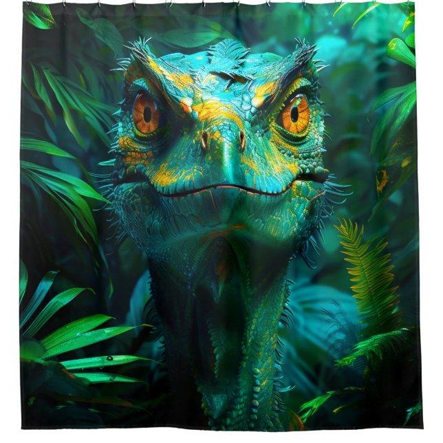 Velociraptor Portrait Intense Jungle Scene Shower Curtain (Front)