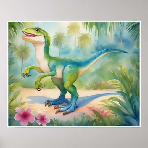 Velociraptor Watercolor Dinosaur Nursery Art Poster