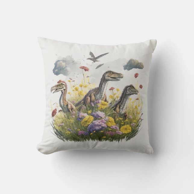 Velociraptors in a Meadow Throw Pillow (Front)