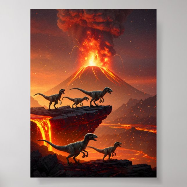 Velociraptor's with an Erupting Volcano Poster (Front)