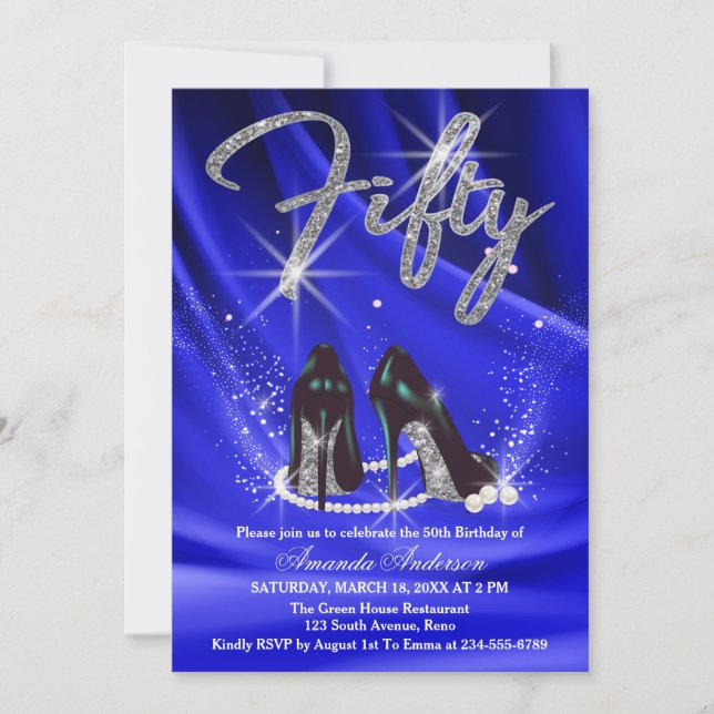 Velvet Blue and Silver Glam 50th Birthday Party Invitation (Front)