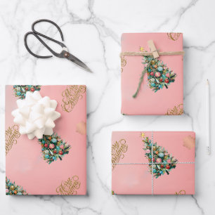 Velvet Blush Pink Christmas Tree Wrapping Paper Sheets