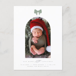 Velvet bow and arched photo New Baby Christmas Holiday Postcard