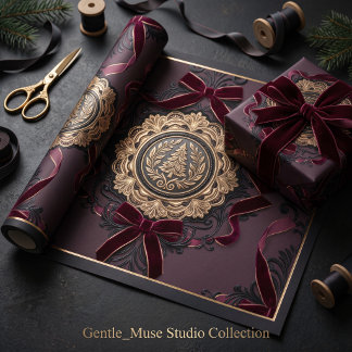 Velvet Bow & Gold Filigree Christmas Tree Wrapping Paper