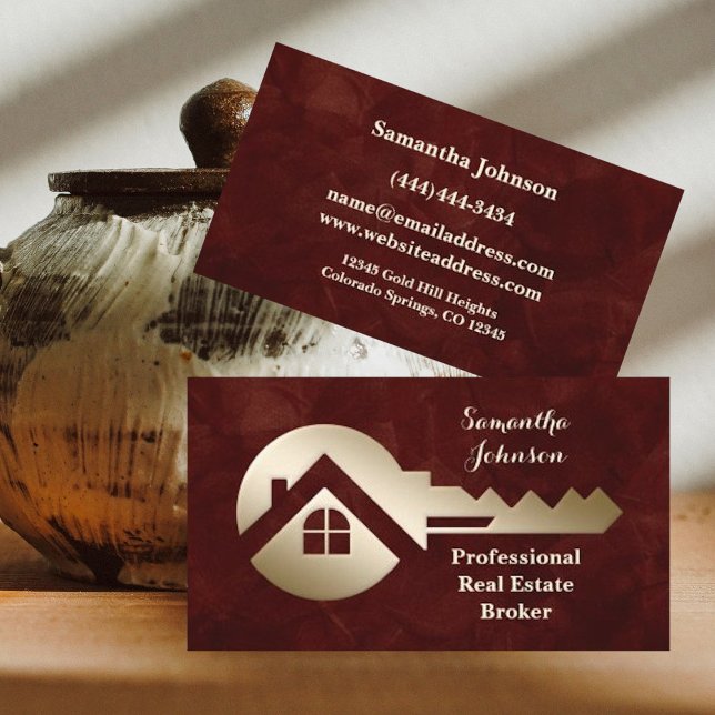 Velvet Crimson Gold Key Real Estate Business Card (Creator Uploaded)