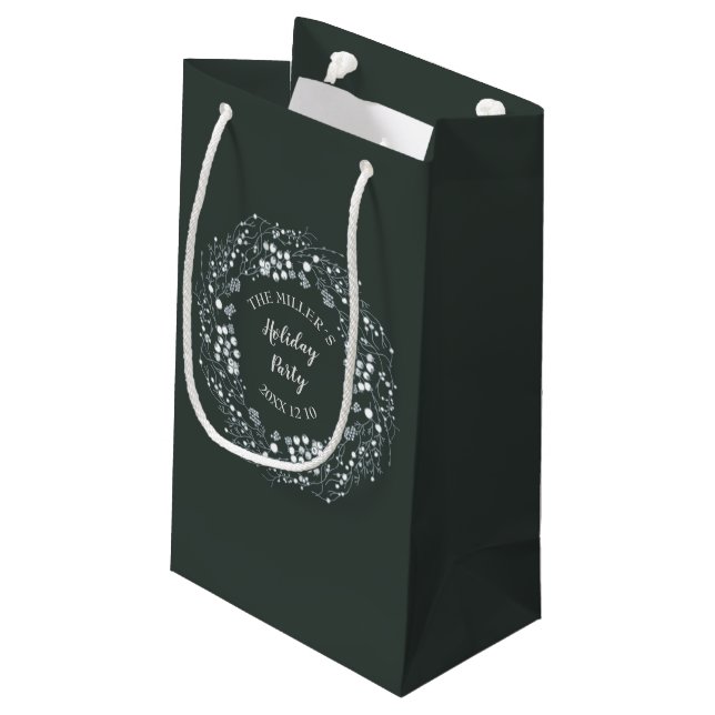 Velvet green white winter berries wreath party small gift bag (Back Angled)