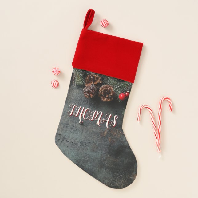 Velvet Lined Dark Rustic Christmas Musical Notes Stocking (Front)