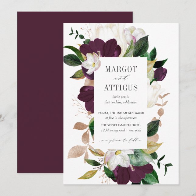 Velvet Magnolia and Ivory flower geometric wedding Invitation (Front/Back)