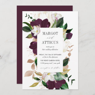 Velvet Magnolia and Ivory flower geometric wedding Invitation