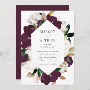 Velvet Magnolia and Ivory flower hexagon wedding Invitation