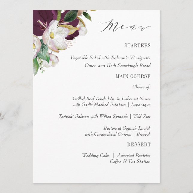 Velvet Magnolia Typography  Wedding or Dinner Menu (Front)