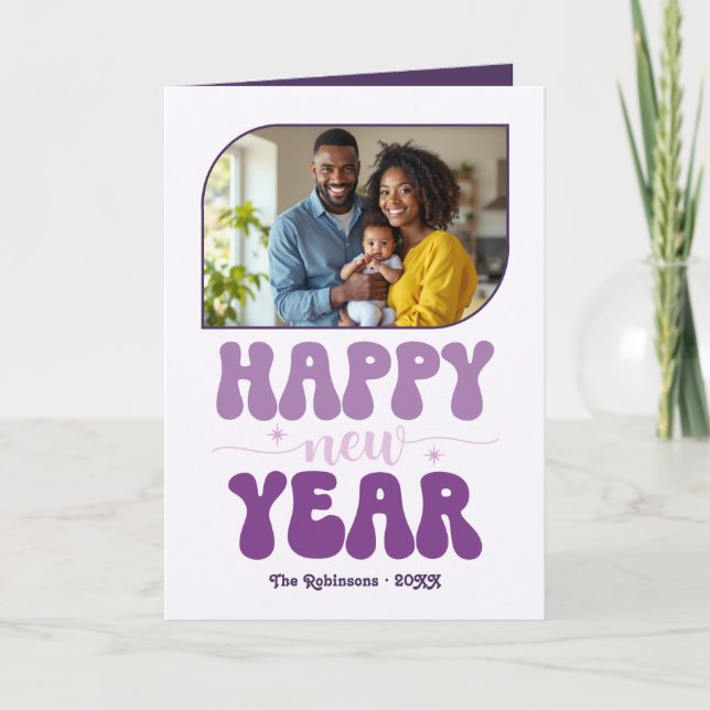 Velvet Orchid Happy New Year Retro Groovy Photo Holiday Card (Front)