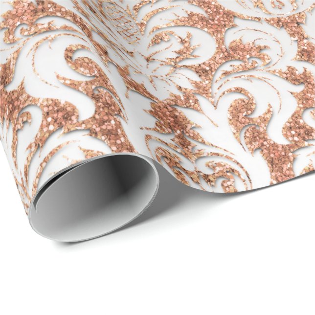 Velvet Peach Rose Gold Silver Damask Elegant Wrapping Paper (Roll Corner)