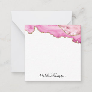 Velvet Pink Magenta Gold Agate Geode Script Square Note Card