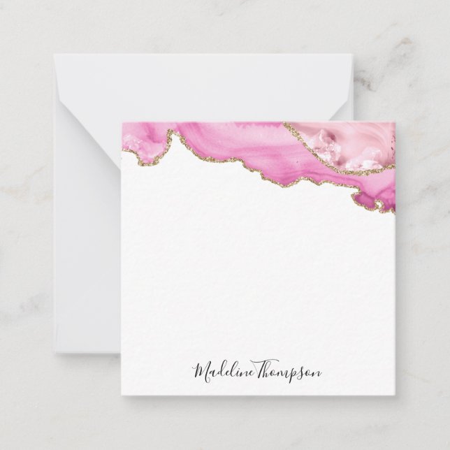 Velvet Pink Magenta Gold Agate Geode Script Square Note Card (Front)