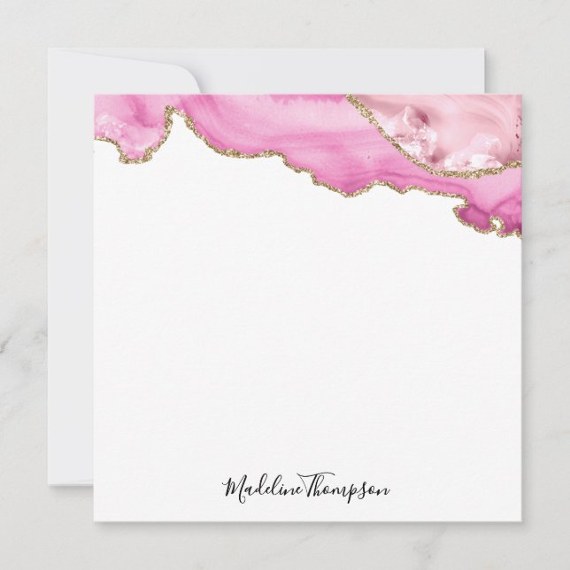 Velvet Pink Magenta Gold Agate Geode Script Square Note Card (Front)