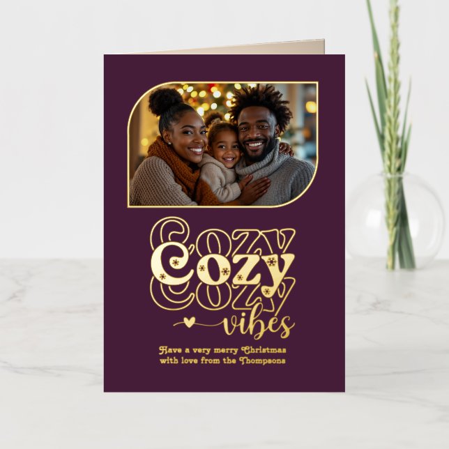 Velvet Plum Cozy Vibes Christmas Photo Foil Holiday Card (Front)