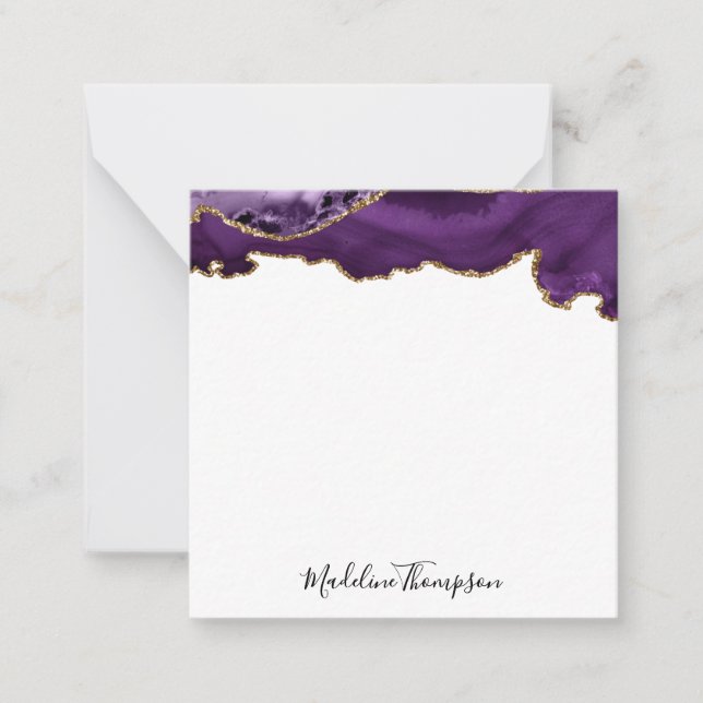 Velvet Purple Gold Agate Geode Script Square 2 Note Card (Front)