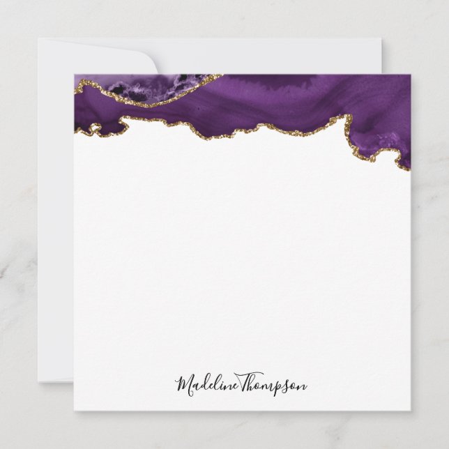 Velvet Purple Gold Agate Geode Script Square Note Card (Front)
