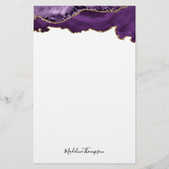 Velvet Purple Gold Agate Geode Script Typography Stationery (Front)
