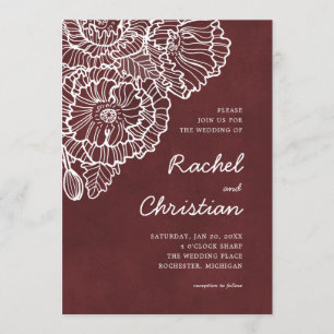 Velvet red with white lineart poppy flowers invitation