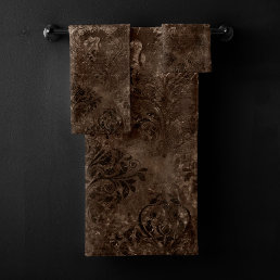 Velvety Bronze Damask | Brown Baroque Grunge Bath Towel Set