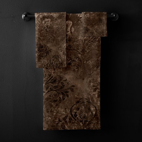 Velvety Bronze Damask  Brown Baroque Grunge Bath Towel Set