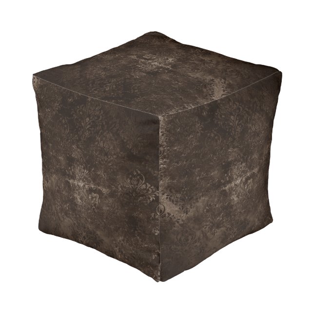 Velvety Bronze Damask | Brown Baroque Grunge Pouf (Angled Back)