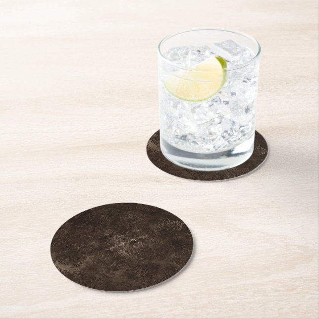 Velvety Bronze Damask | Brown Baroque Grunge Round Paper Coaster (Insitu)