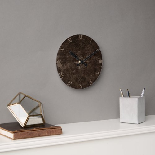 Velvety Bronze Damask  Brown Baroque Grunge Round Round Clock