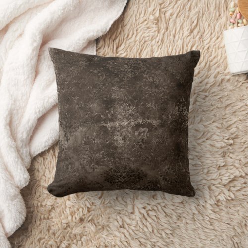 Velvety Bronze Damask  Brown Baroque Grunge Throw Pillow