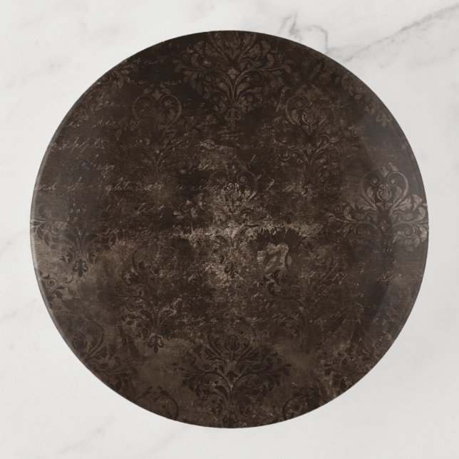 Velvety Bronze Damask | Brown Baroque Grunge Trinket Tray (Front)