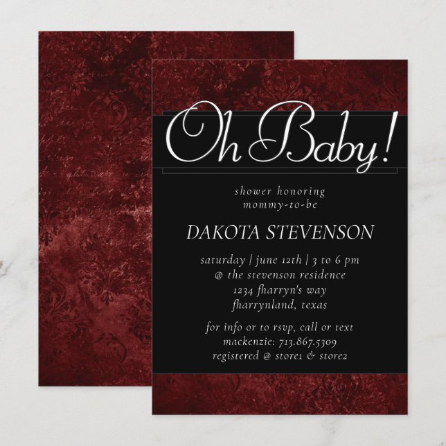 Velvety Henna Damask | Crimson Red Baroque Oh Baby Invitation (Front/Back)