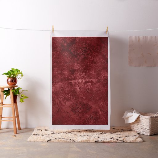 Velvety Henna Damask | Red Distressed Grunge Fabric