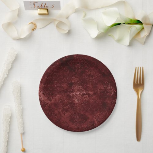 Velvety Henna Damask  Red Distressed Grunge Paper Plates