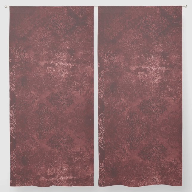 Velvety Henna Damask | Red Distressed Grunge Sheer Curtains (Pair)