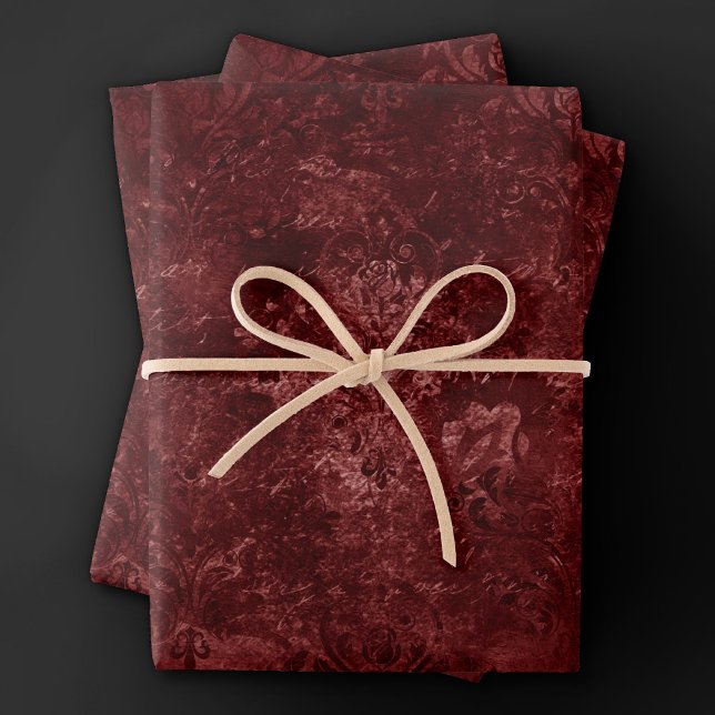Velvety Henna Damask | Red Distressed Grunge Wrapping Paper Sheets (Creator Uploaded)