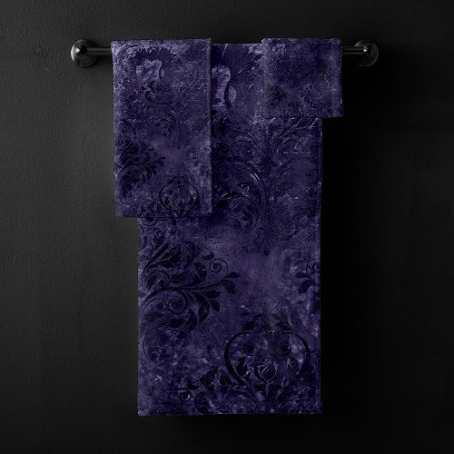 Velvety Midnight Damask  Indigo Purple Grunge Bath Towel Set