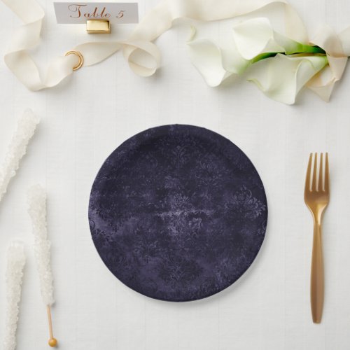 Velvety Midnight Damask  Indigo Purple Grunge Paper Plates