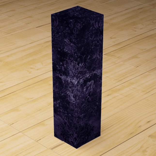 Velvety Midnight Damask | Indigo Purple Grunge Wine Box (Front)