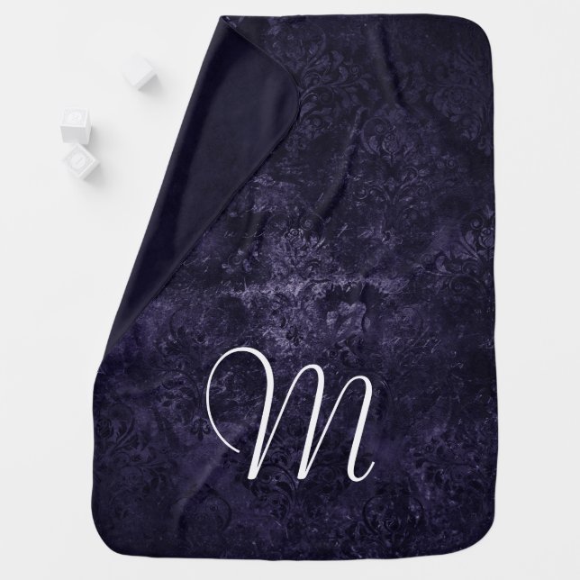 Velvety Midnight Damask | Indigo Purple Monogram Receiving Blanket (In Situ)