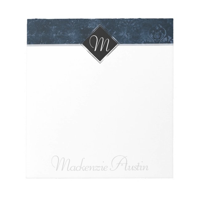 Velvety Navy Damask | Dark Blue Baroque Custom Notepad (Front)