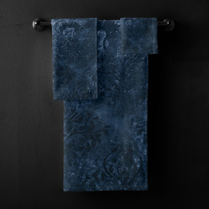 Velvety Navy Damask   Dark Blue Grunge Baroque Bath Towel Set
