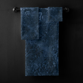 Velvety Navy Damask | Dark Blue Grunge Baroque Bath Towel Set