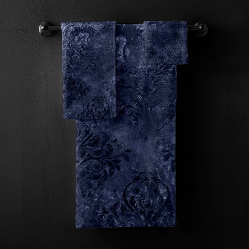 Velvety Navy Damask  Dark Blue Grunge Baroque Bath Towel Set