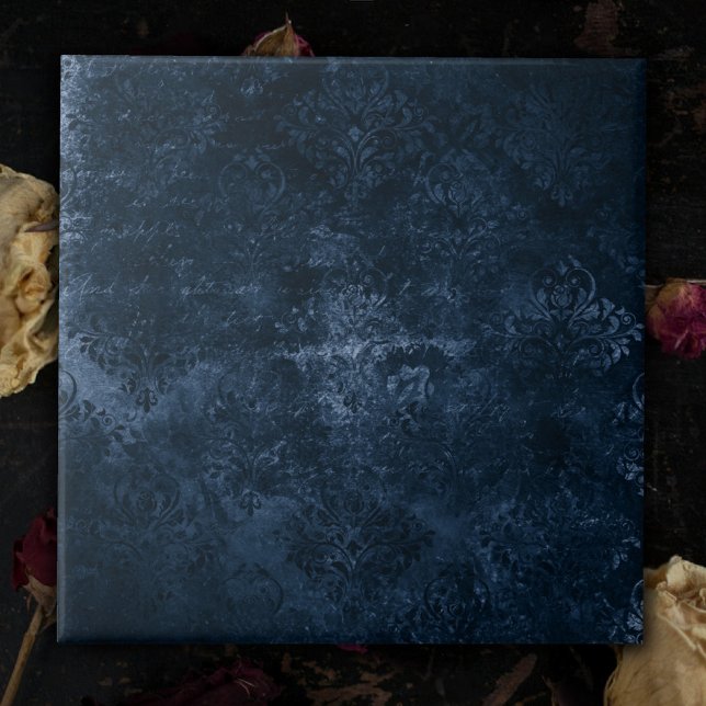 Velvety Navy Damask | Dark Blue Grunge Baroque Ceramic Tile (Creator Uploaded)