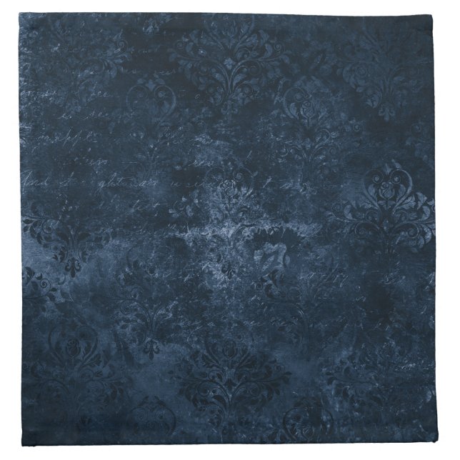 Velvety Navy Damask | Dark Blue Grunge Baroque Cloth Napkin (Front)
